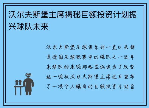 沃尔夫斯堡主席揭秘巨额投资计划振兴球队未来